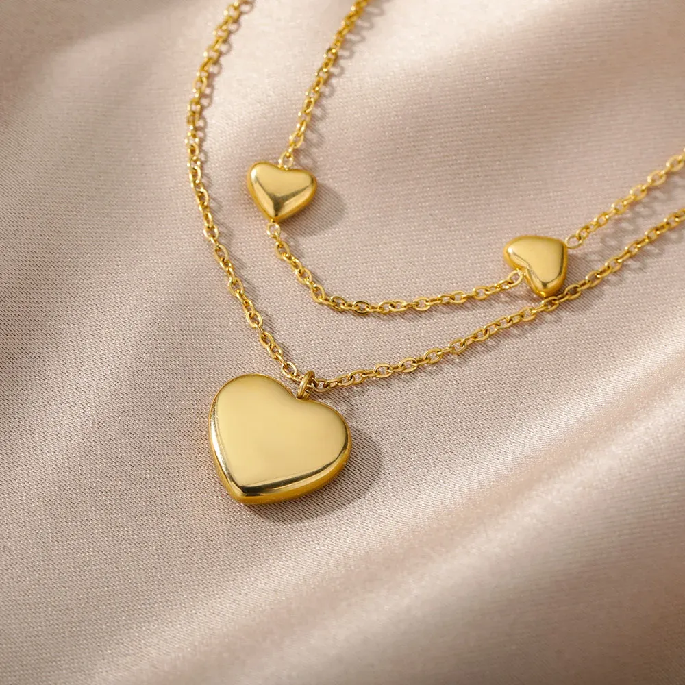 Double Layer Heart Clavicle Chain Necklaces For Women Stainless Steel Gold Plated Streetwear Choker Necklace Trendy Jewelry Gift